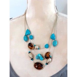 Chico’s Gold Tone Faux Turquoise Tortoise Triple Strand 20” Necklace